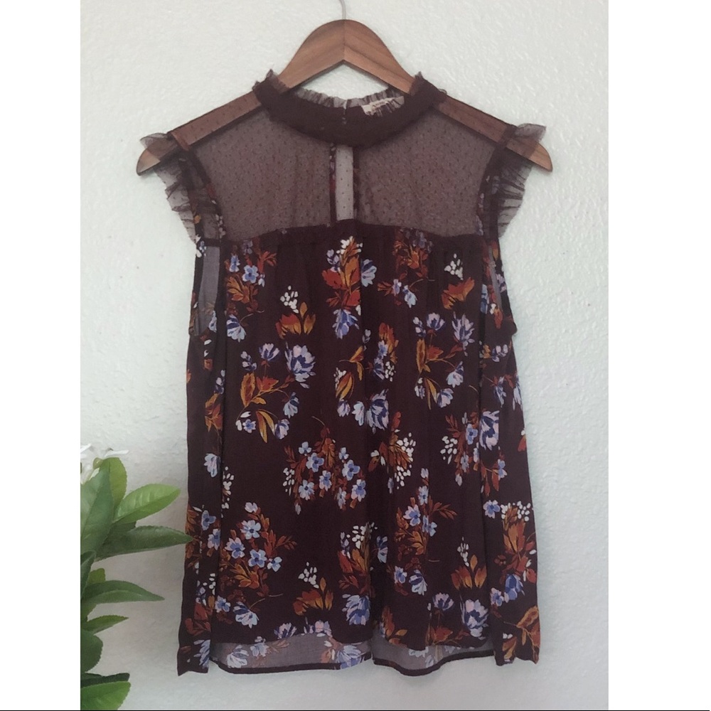 Floral Tank Top w/ Mesh Neckline & Flutter Sleeves